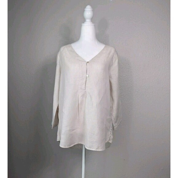 Tahari 100% Linen Top Blouse Tunic Relaxed Fit Medium M Beige Tan Summer #8 - Picture 1 of 7